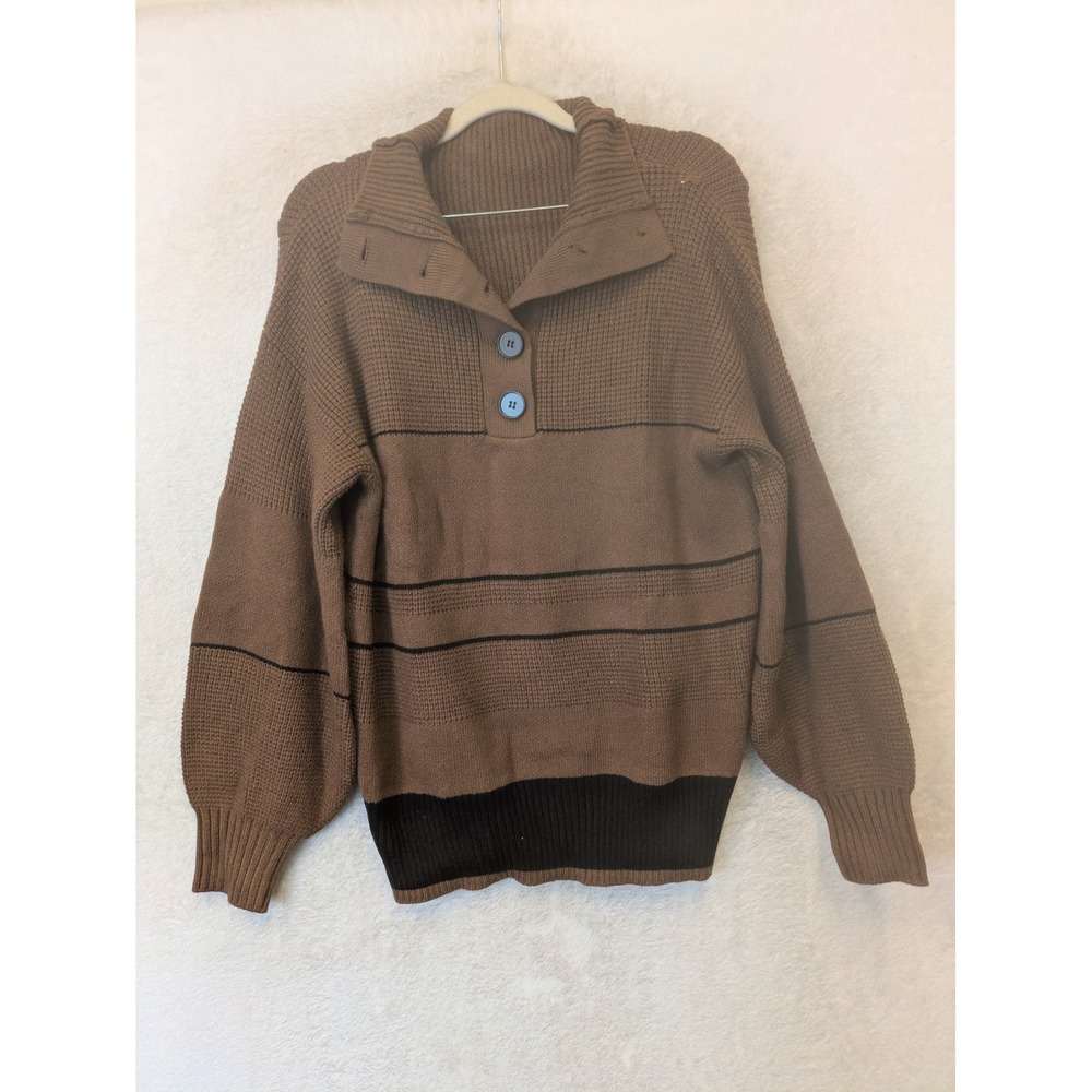 FCLF Striped Pullover Sweater Women's S Brown Button Collar Long Sleeve